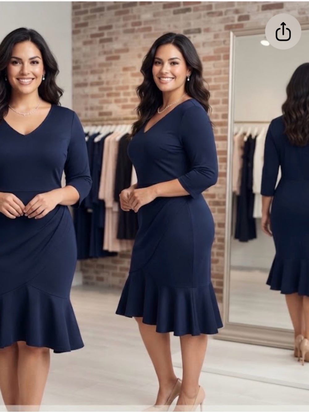 V-Neck Navy Midi Fit-and-Flare Dress with Ruffle Hem